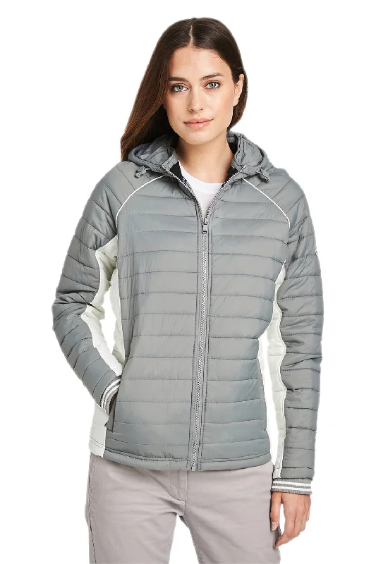 Sports litigation style Nautica Womens Nautical Mile Wind & Water Resistant Packable Full Zip Hooded Puffer Jacket - Graphite Grey/Antique White