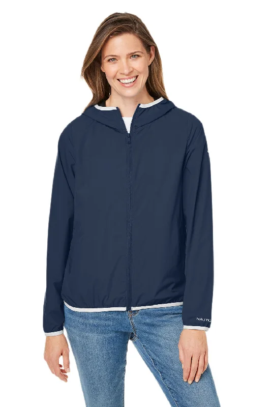 Hip-hop Style Nautica Womens Stillwater Water Resistant Full Zip Hooded Windbreaker Jacket - Navy Blue