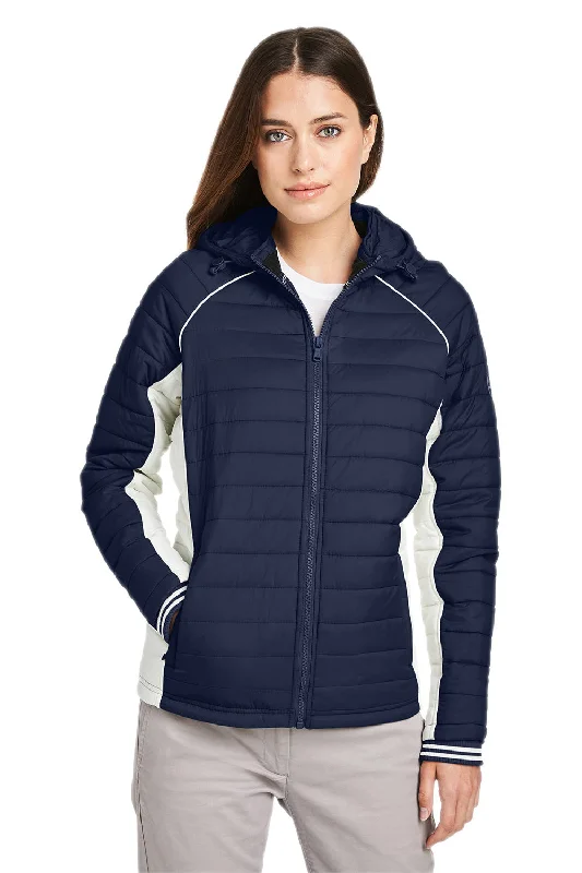 Sports suit style Nautica Womens Nautical Mile Wind & Water Resistant Packable Full Zip Hooded Puffer Jacket - Night Navy Blue/Antique White