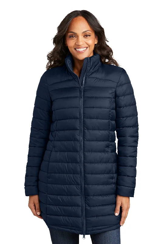 Retro Stripes Port Authority Womens Horizon Water Resistant Full Zip Long Puffy Jacket - Dress Navy Blue