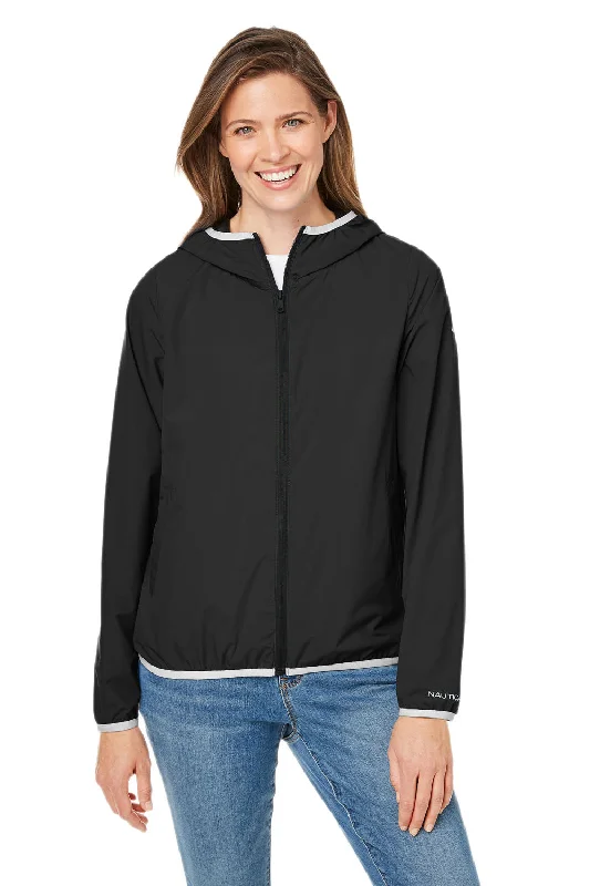 Black And White Style Nautica Womens Stillwater Water Resistant Full Zip Hooded Windbreaker Jacket - Black