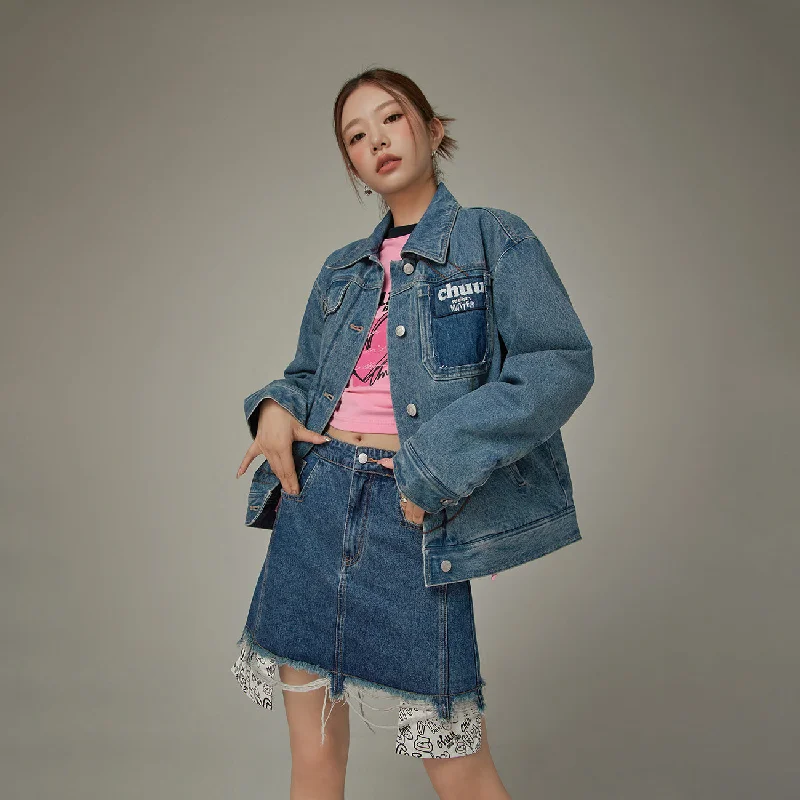 Retro Woolen Jacket Logo Denim Loose Fit Jacket