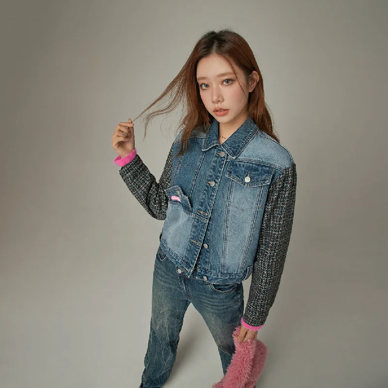 British Style Tweed Sleeves Pocket Denim Jacket