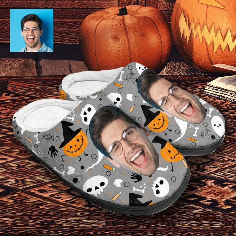 Leisure Sports Halloween Custom Face Grey Cotton Slippers For Adult&Kids Personalized Non-Slip Slippers Warm House Shoes