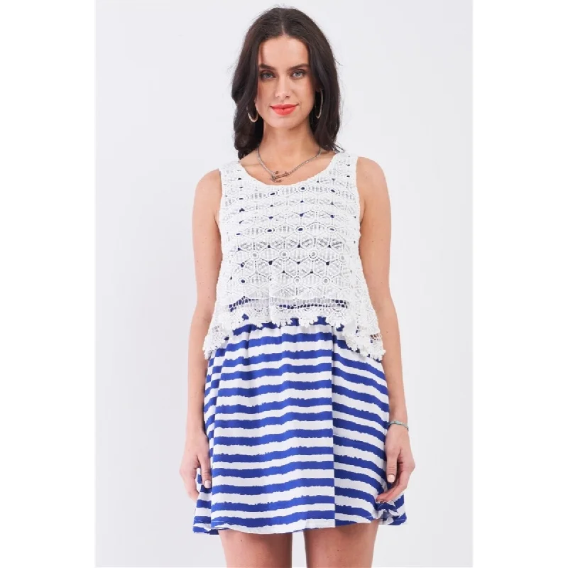 Fashion Touch White-Navy Polyester Mini Dress With Floral Embroidery Layered Top
