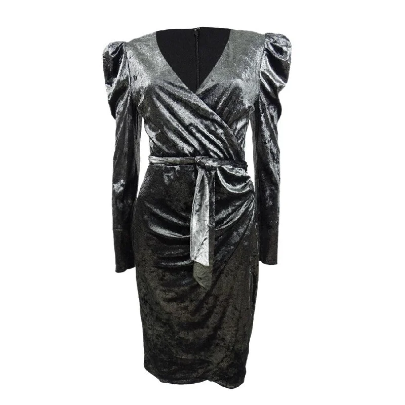 Exquisite Design INC International Concepts Women’s Puff-Sleeve Velvet Wrap Dress (S, Silver)