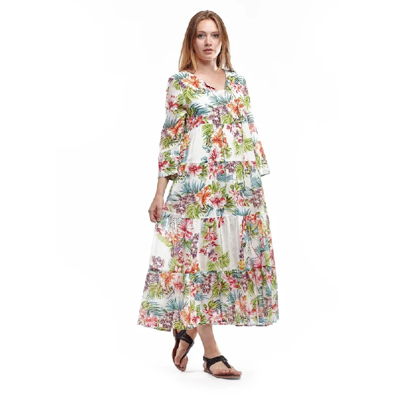 Cute Design La Cera Women's White Cotton 3/4-sleeve Tiered Caftan