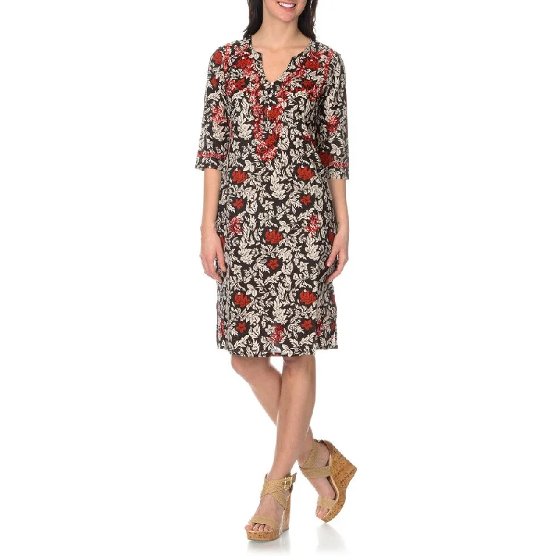 Light And Breathable La Cera Women's Black/Red Embroidered Printed Dress
