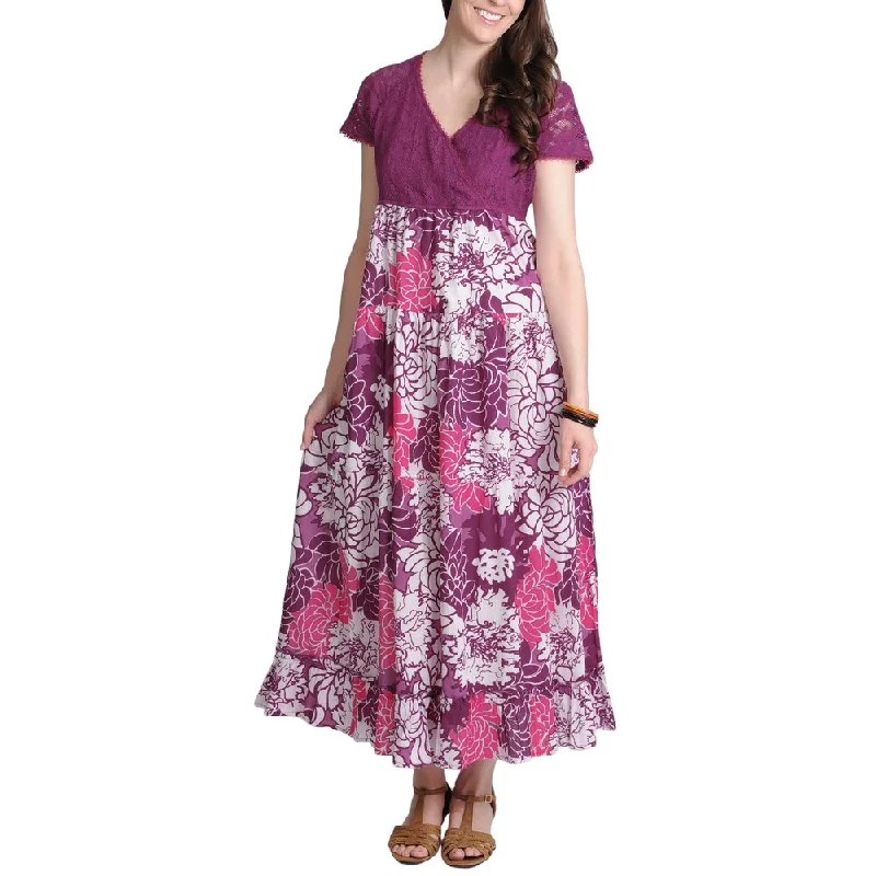 Elegant And Simple La Cera Women's Purple Lace and Floral Two-Tone V-Neck Maxi Dress