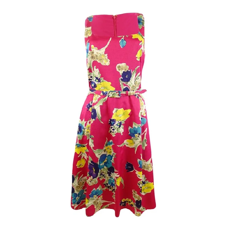 Soft Style Lauren Ralph Lauren Women's Floral Belted Cocktail Dress (18, Pink Multi)