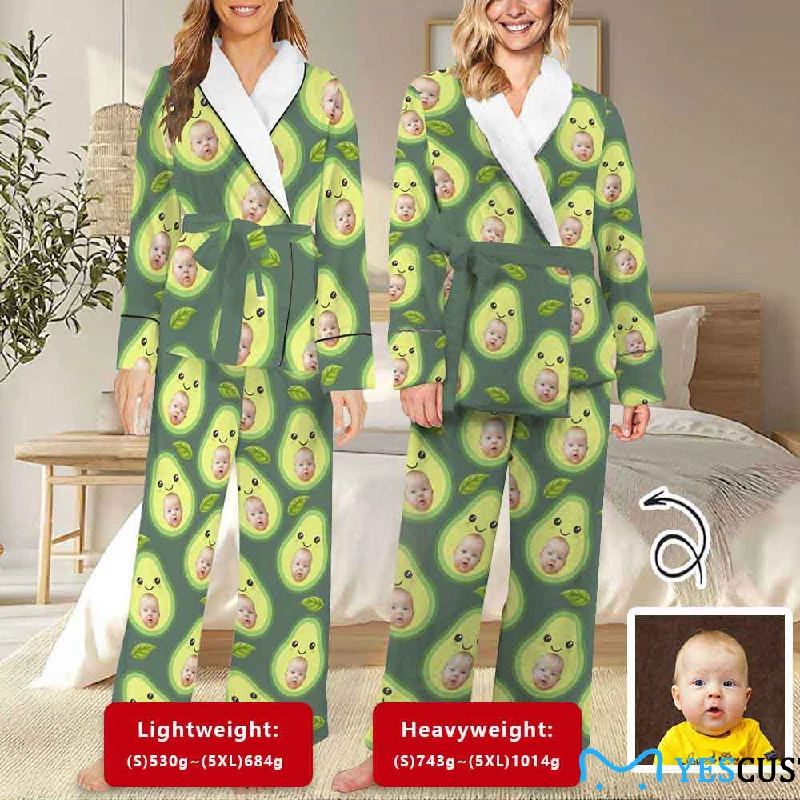High-quality Fabrics Custom Face Photo Avocado 2 Piece Loungewear Set Personalized Women's Long Sleeve Tie Waist Pocket Flannel Pajama Set