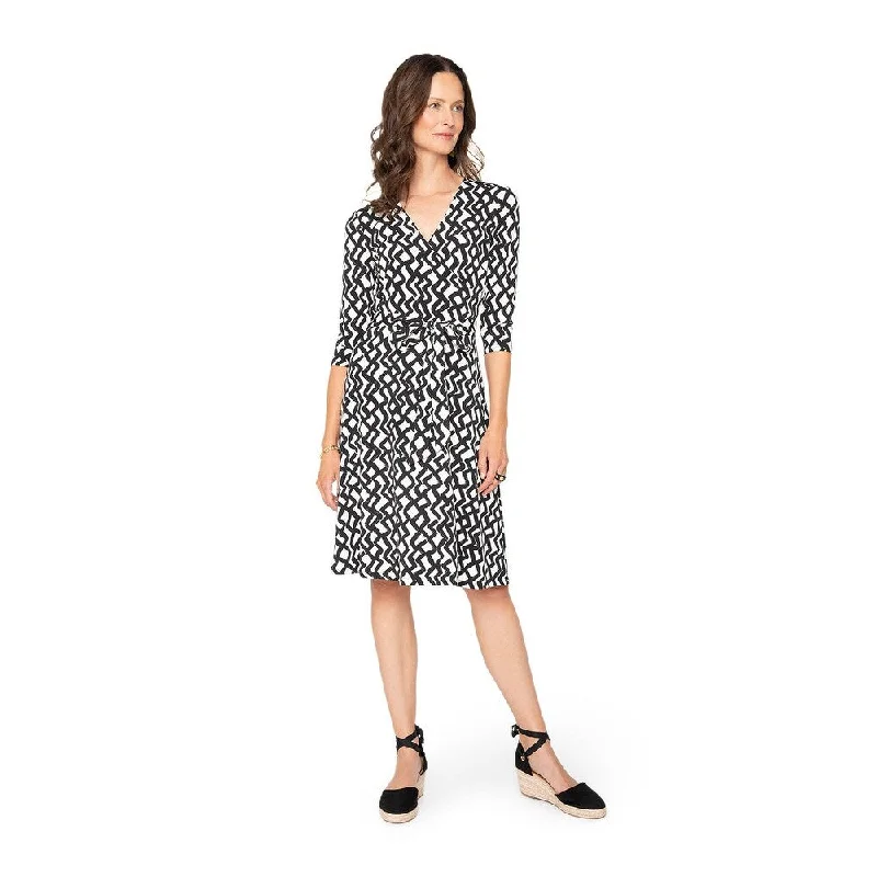 Boutique style Leota's Women Wrap 3/4 Sleeve Dress Zig Zag Black White