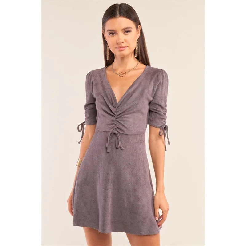Urban Style Charcoal Polyester Mini Dress with V-Neck Gathered Detail Tight Fit