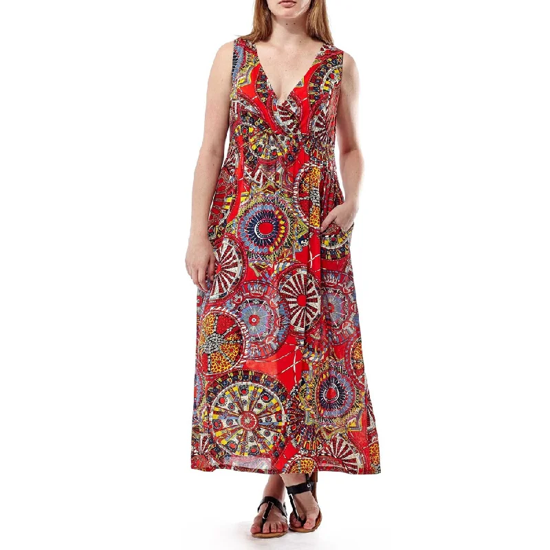 Urban Style La Cera Women's Red Rayon Sleeveless V-neck Maxi Dress