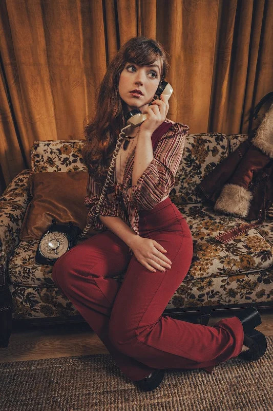 Youthful Maddie - Cropped Tie Front Blouse - Merlot