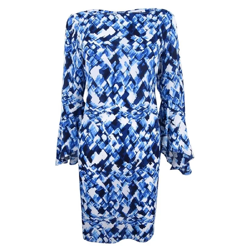 Light Comfort DKNY Women's Bell-Sleeve Printed Chiffon Shift Dress (8, Blue/Multi)