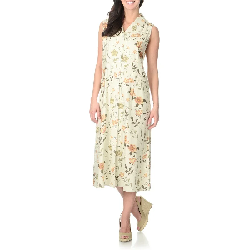 Personalized Clothing La Cera Women's Ivory Floral Print Silk Button-front Dress