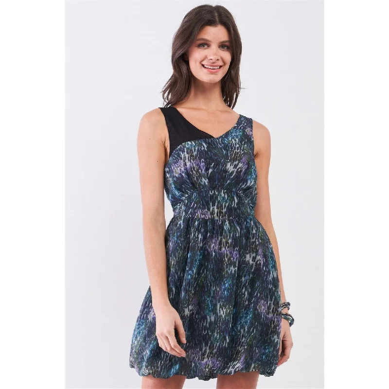 Cozy Fit Navy Sleeveless Polyester Mini Dress with V-Neck Self-Tie Waist