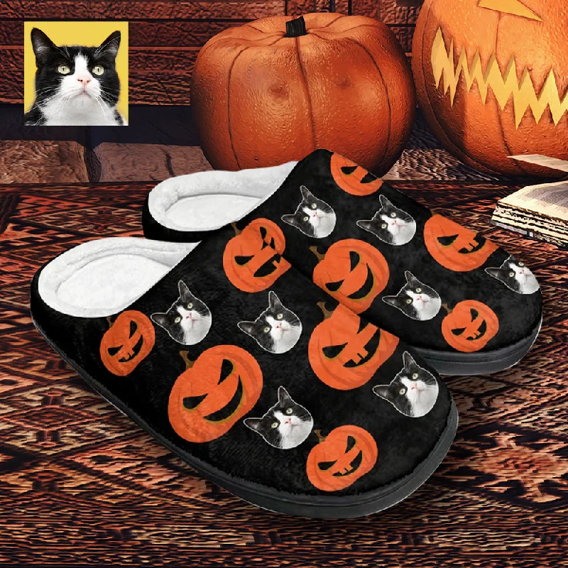 Casual Elegance Halloween Custom Face Pumpkin Cotton Slippers For Adult&Kids Personalized Non-Slip Slippers Warm House Shoes