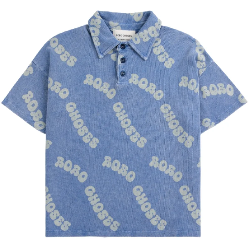 Fashionable And Versatile Bobo Choses Blue Wavy Bobo Choses All Over Waffle Polo Shirt