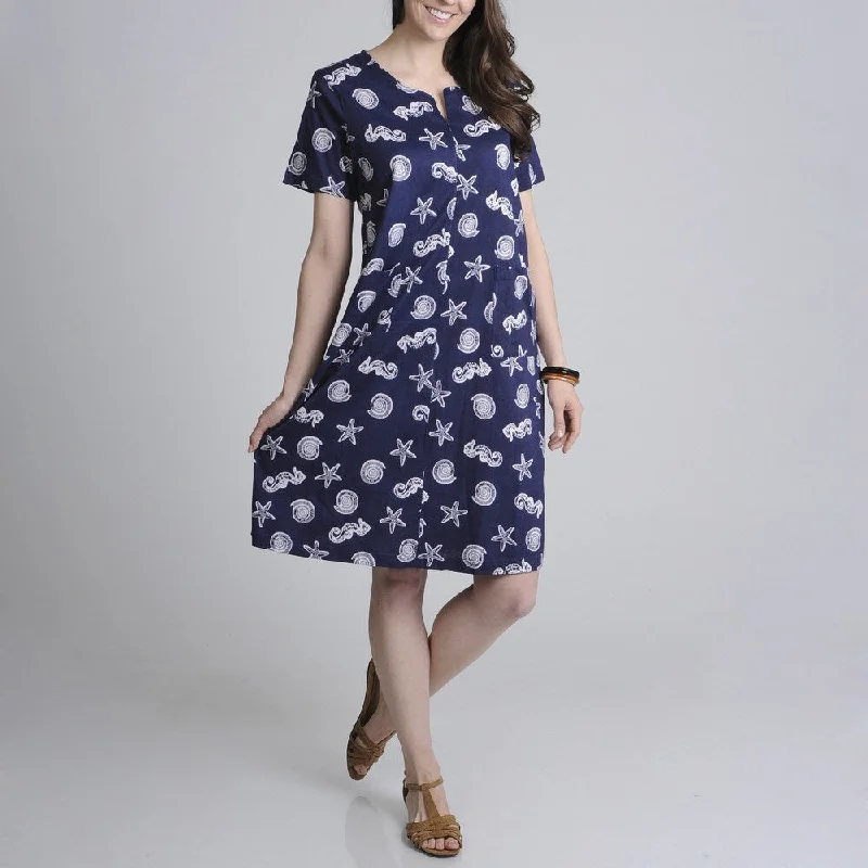 Eye-catching Personality La Cera Women's Navy Shell Print Zip-front Dress
