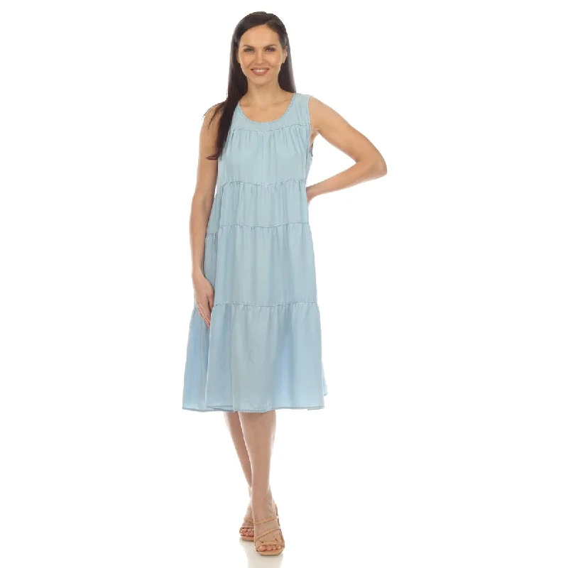 Romantic And Fresh White Mark Women's Sleeveless Tiered Chambray Midi Dress