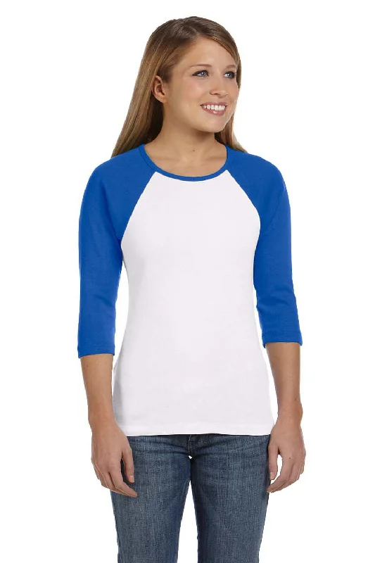 Cozy Look Bella + Canvas Womens 3/4 Sleeve Crewneck T-Shirt - White/True Royal Blue