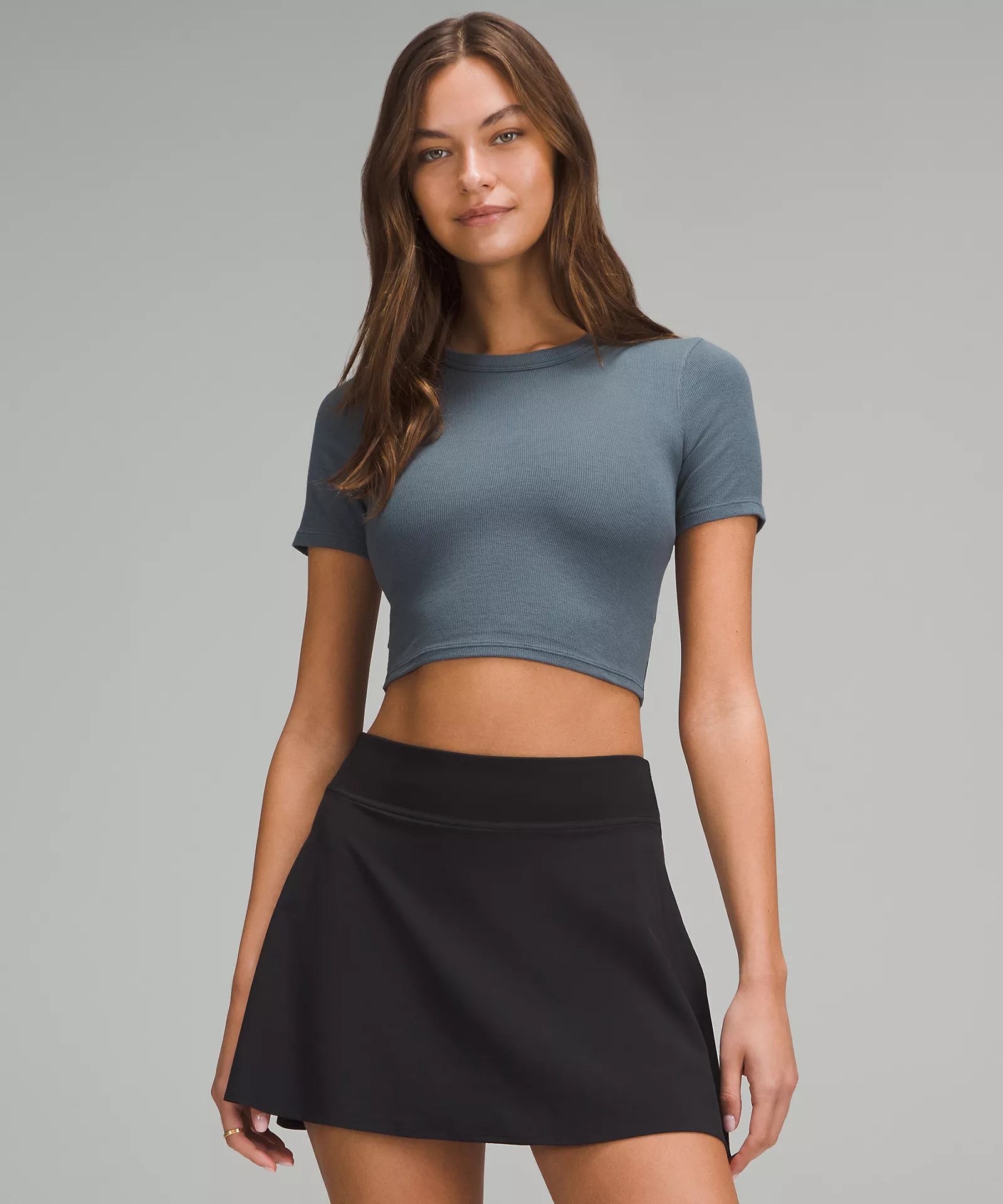 Sports Yoga Style Hold Tight Straight Hem Cropped T-Shirt | Oil Grey