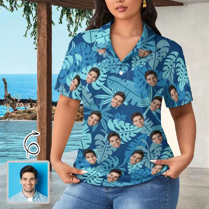 Chic Lounge Custom Face Blue Leaves Women's Polo Shirt
