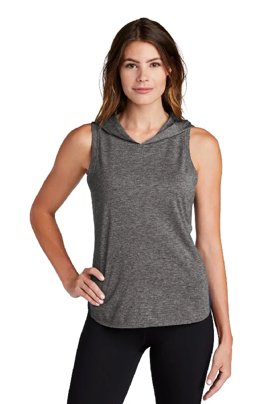 Single-shoulder Neck Design Sport-Tek Womens Draft Moisture Wicking Hooded Tank Top Hoodie - True Navy Blue/Heather Dark Grey