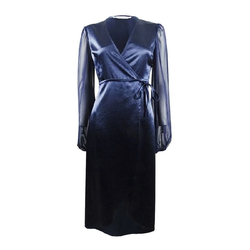 Cozy Vibes Avec Les Filles Women's Chiffon-Sleeve Wrap Dress (0, Navy)
