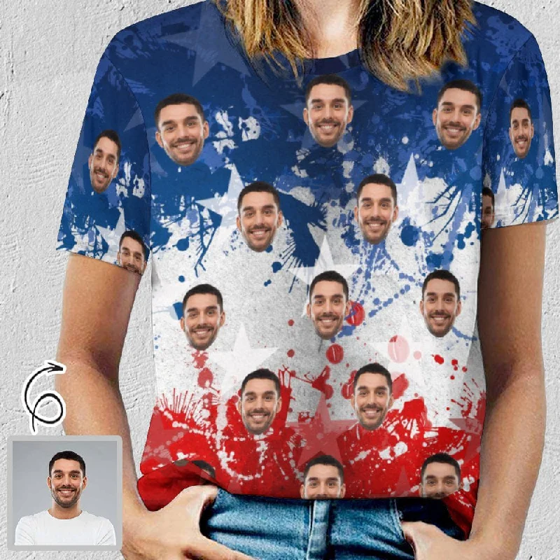 Versatile Wear Custom Face Star Blue White Red Classic Women's T-shirt Personalized Women's All Over Print T-shirt