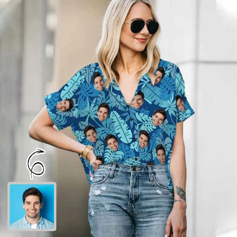 Effortless Elegance Custom Face Blue Leaves Women's Hawaiian Shirts All Over Print V Neck Short Sleeve Shirt Gift for Girlfriend Wife