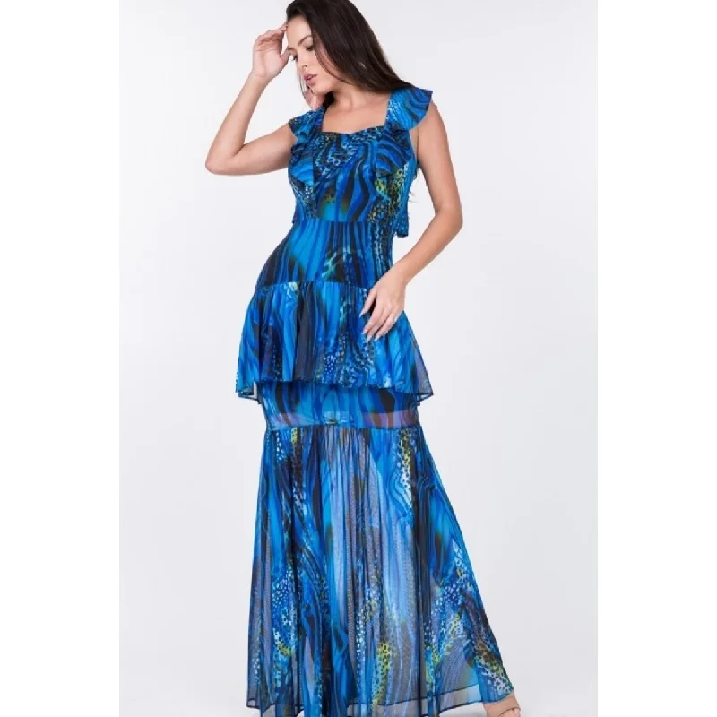 Simple Elegance Nylon Long Dress with Ruffle Sleeve Tiered Bottom Print