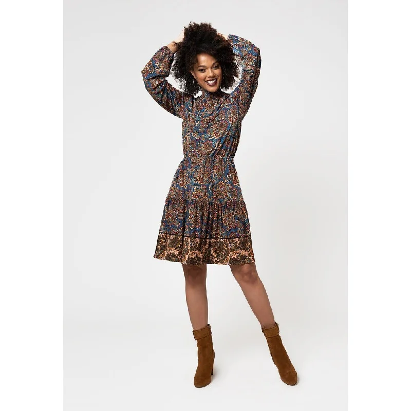 Noble Temperament Leota Women's Long Sleeve Olive Dress In Boho Paisley Blue
