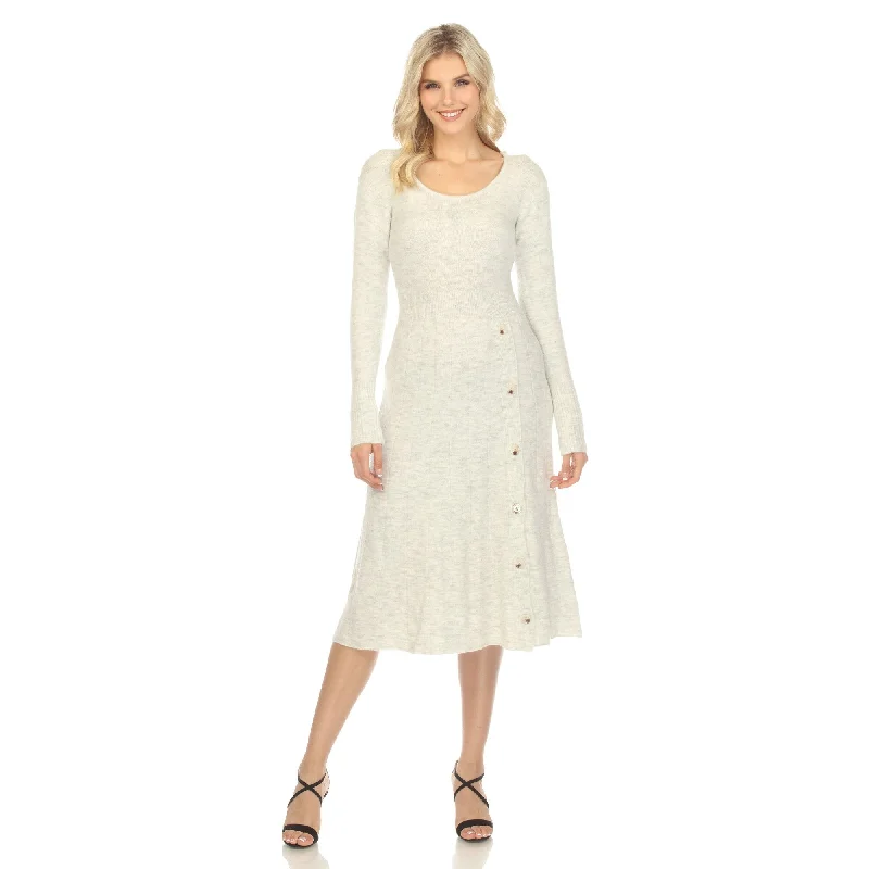 Simple Style White Mark Women's Crew Neck Fit and Flare Sweater Midi Dress