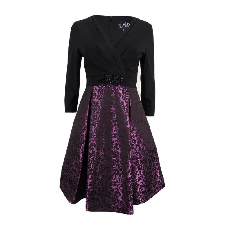 High-end Customization Alex Evenings Women's Beaded Jersey Jacquard Dress (4, Black/Plum)