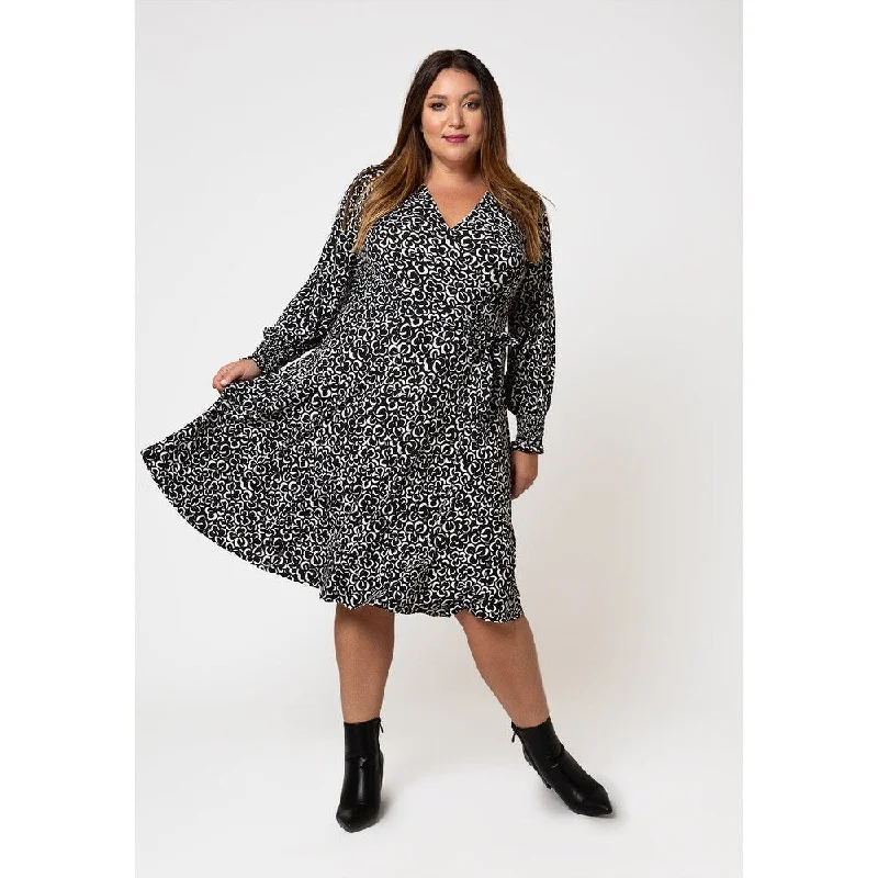 Classic Series Leota Women's Long Sleeve Perfect Wrap Midi Dress In Graphic Gardenia (Curve) White