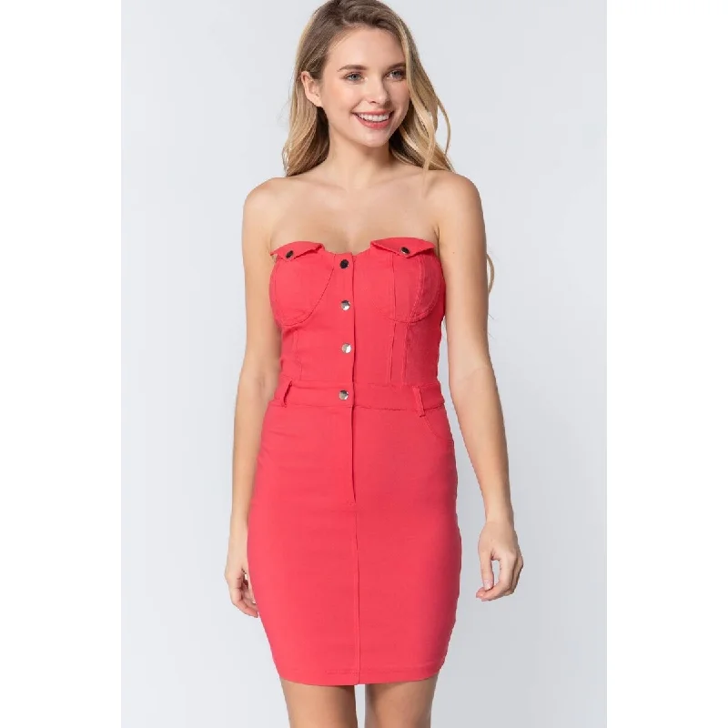 Easygoing Style Strapless Rayon Mini Dress with Button Down