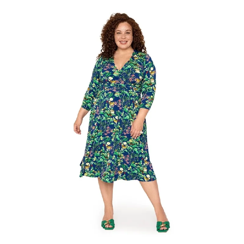 Knowledge And Elegance Leota's Curve Women Amiya 3/4 Sleeve Midi Butterfly Meadow Navy