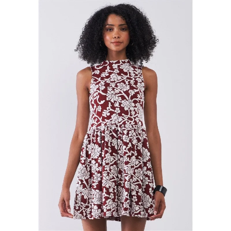 Fashionable Ease Burgundy Floral Fitted Mini Dress with Crew Neck Sleeveless