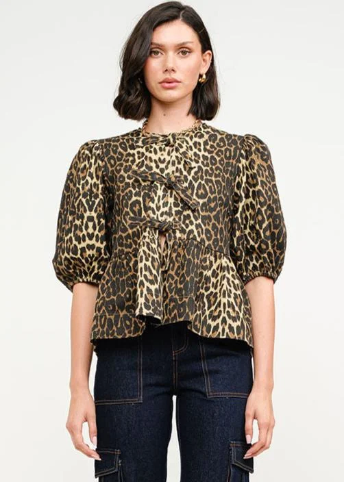 Versatile Wear Norah Poplin Tie Puff-Sleeve Top - Leopard