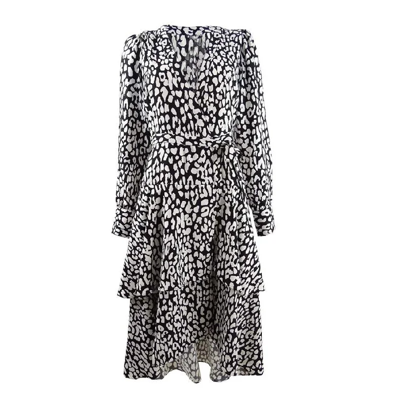 Relaxed Style Calvin Klein Women's Animal-Print High-Low Wrap Dress (6, Black/Cream)