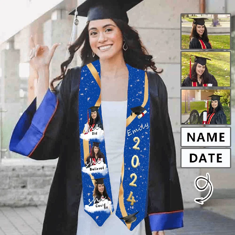 Fashion Touch Custom Photo&Name Blue Graduation Stoles Sash Class of 2024 Graduation Gift