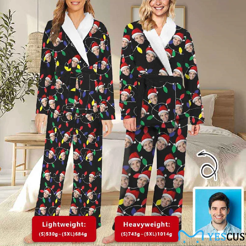 Street Sports Shoes Custom Face Photo Christmas Light 2 Piece Loungewear Set Personalized Women's Long Sleeve Tie Waist Pocket Flannel Pajama Set
