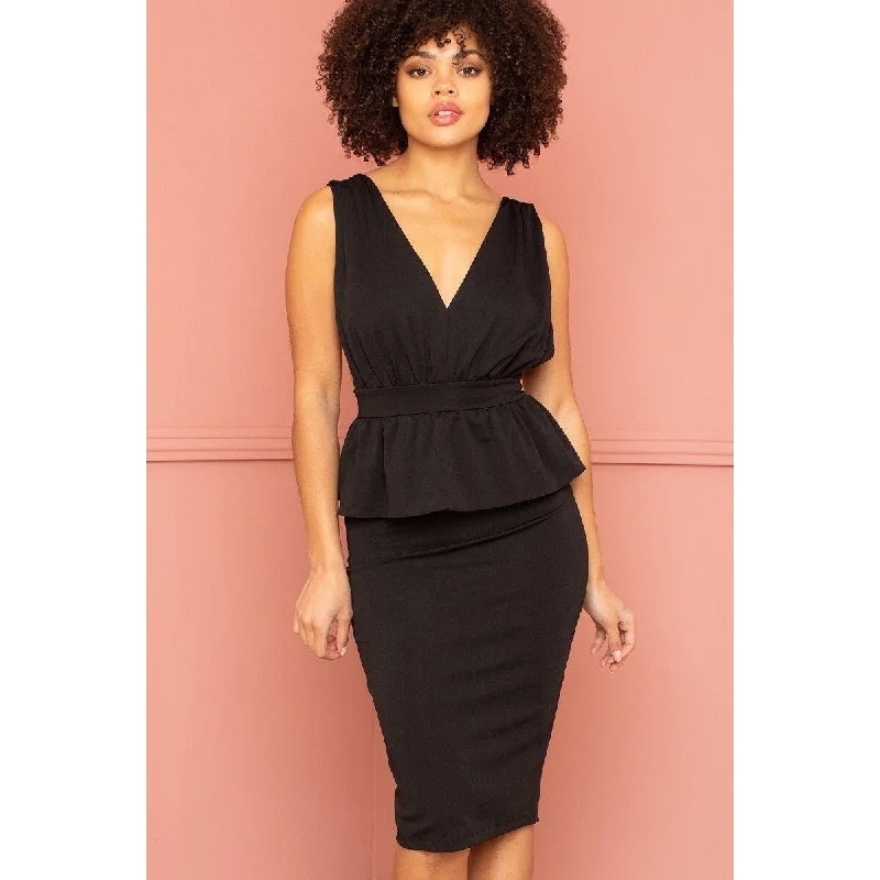 Classic Color Black Shimmer Peplum Midi Dress with Shirring on Waist and Shoulder