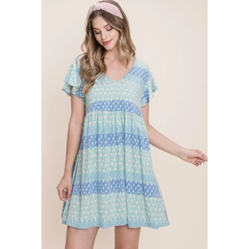 Luxury Classic Floral Printed Polyester Babydoll Mini Dress