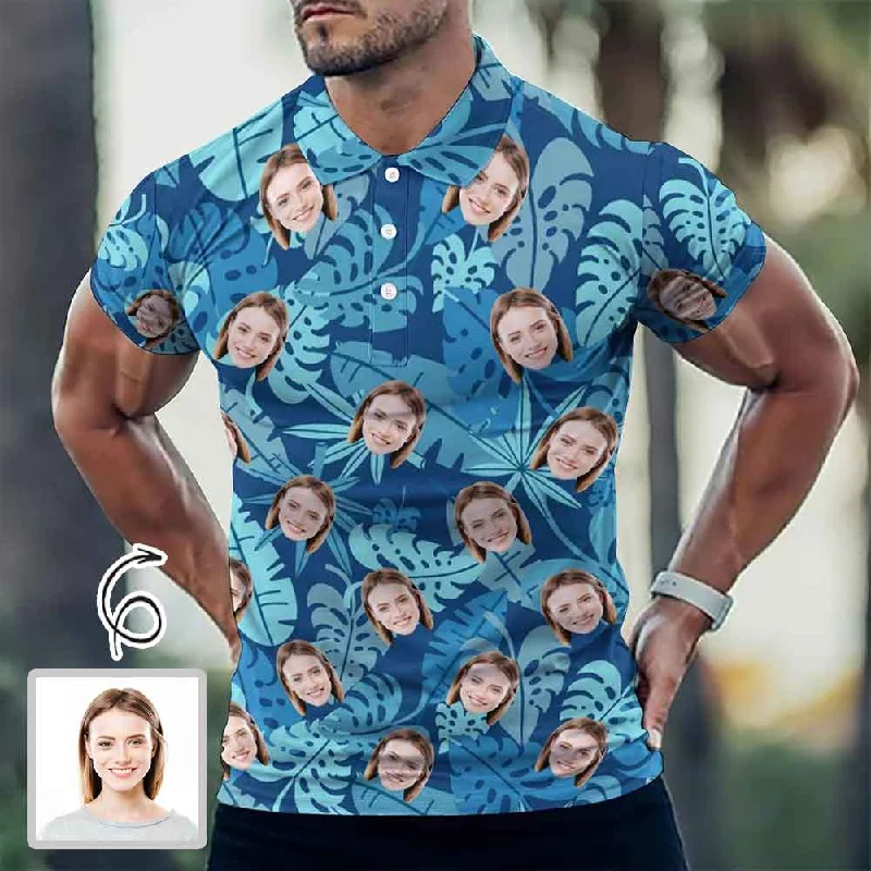 Fresh Comfort Custom Face Blue Leaves All Over Print Polo Shirt Personalized Men's Golf Shirt