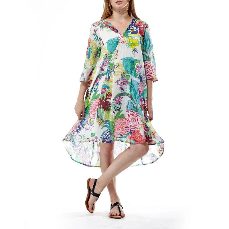 Luxury Style La Cera Women's Multicolored Cotton 3/4-sleeve Floral Pullover Dress