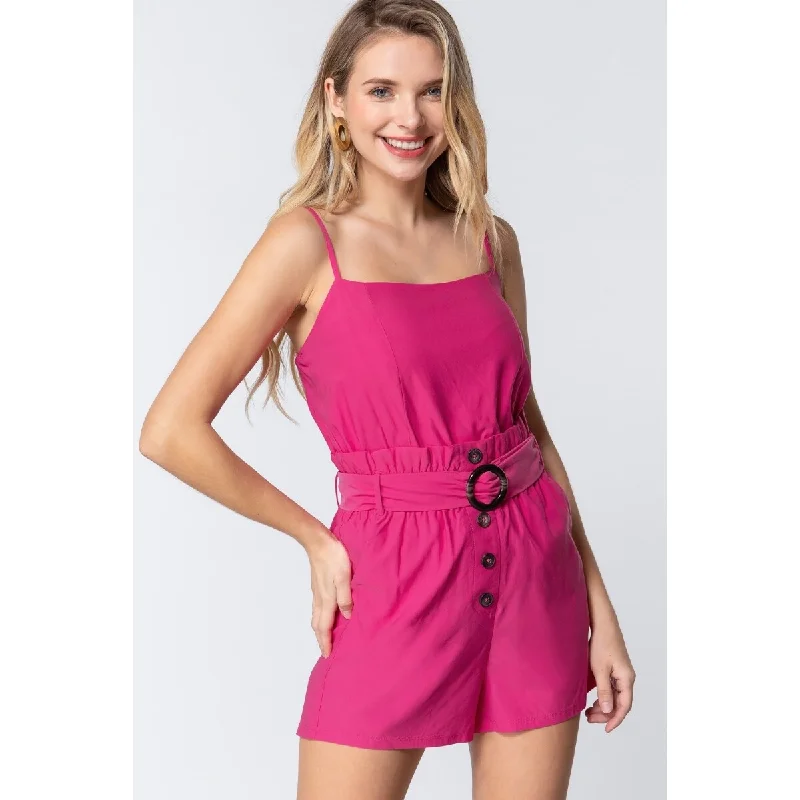 Effortless Style Pink Rayon Cami Strap Belted Romper
